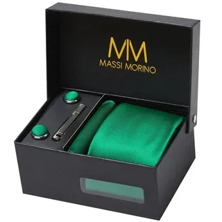MASSI MORINO Krawatte Grün mit Einstecktuch Set Herren inkl. Manschettenknöpfe, Krawattennadel und Geschenkbox | Männer Krawattenset zur Hochzeit - Einheitsgröße
