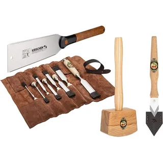 Kirschen WOODWORKER Essentials Set 3 - Stechbeitelsatz 4-6-10-12-16-20-26-30 mm in Ledertasche + RYOBA Japansäge + Holzhammer + Anreißmesser 1831000