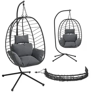 steelsøn Hängesessel mit Gestell Alarian, höhenverstellbar und faltbar, Balkonsessel Outdoor und Indoor, Korbhängesessel aus Polyrattan mit Kissen dunkelgrau/schwarz