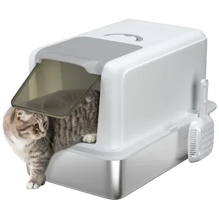 PawHut Katzentoilette Wanne aus Edelstahl mit Deckel, mit eingebauter Streufilter, inklusive Streuschaufel, für Katzen bis 6 kg, Weiß