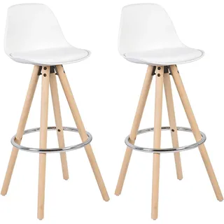 Woltu 2 x Barhocker 2er Set Barstuhl aus Kunststoff Holzgestell mit Lehne + Fußstütze Design Stuhl optimal Komfort Weiß