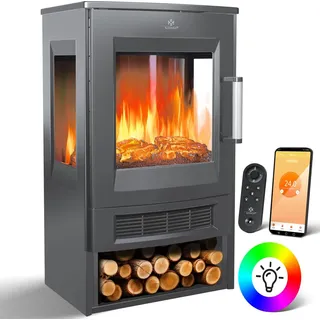 Kesser KESSER® Elektrokamin mit Heizung Panorama-Sichtfenster Heizlüfter 9 LED-Flammeneffekt Farbmodi Fernbedienung WiFi App 900/1800W Kaminfeuer elektrisch Elektro Kamin mit Thermostat Heizfunktion Timer
