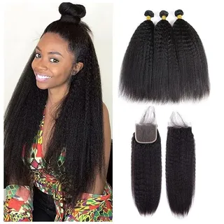 Echthaarbündel Verworrene gerade Bundles mit Verschluss, Echthaar, 3/4 Bundles mit Verschluss, brasilianische Remy-Yaki-Haarverlängerung, natürliches Schwarz, vorgezupft, mit Babyhaar Haarwebbündel(5"