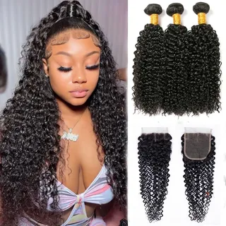 Echthaar-Bündel Curly Human Hair Bundles with Closure Kinky Curly Weave Bundles Human Hair Unprocessed Brazilian Human Hair 3 Bundles Human Hair with 4x4 Closure 12 14 16+10 inch Menschenhaarbündel