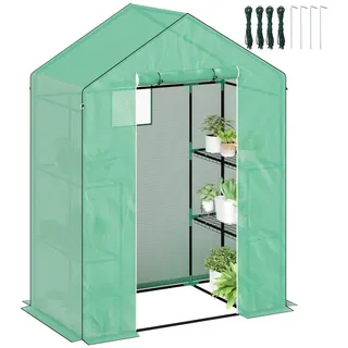 Outsunny Gewächshaus mit Rolltür, Fenster, Regale, winterfest Foliengewächshaus aus Stahl, Treibhaus für Balkon, Garten, Tomatenhaus 143 x 74 x 190 cm,