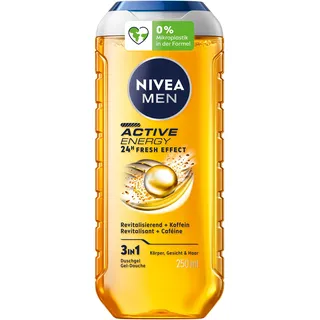 NIVEA MEN Active Energy Duschgel, pH-hautneutrale Pflegedusche mit 24h Frischeeffekt für Männer, revitalisierende Formel mit Koffein für Körper, Gesicht und Haar (250 ml)