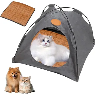 Katzen Kühlzelt,Faltbares Hundezelt Katzenzelt mit Rattan Matte,Atmungsaktives Kühlzelt für Katzen Waschbar Kühlzelt Katze Kühlhaus Indoor Katzenzelt Outdoor für Katzen Welpen Kleintier (Grau, S)