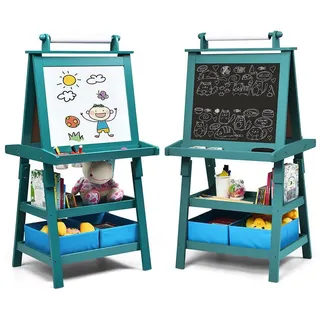 Costway - 3 in 1 Kinder Staffelei, Kindertafel doppelseitig, Whiteboard & Kreidetafel & Zeichenpapier, Standtafel inkl. Magneten, 2 Regalebenen