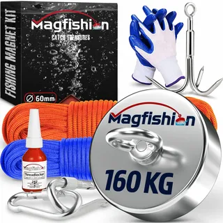 MAGFISHION Magnetfischen Set - 160 KG - Ø60mm - Neodym Magnet mit 2 Seilen, Greifhaken, Handschuhe - Magnet Fischen Angel - Ösenmagnet - Fishing Magnetangel - Magnetangeln Set
