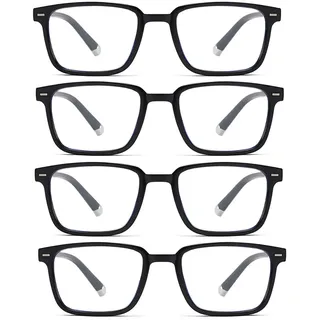 MUNZE 4Er Pack Lesebrille Für Damen Und Herren, Große Rechteckige Form, Federscharniere, Kratzfest, Schwarz, +1.5 Dioptrien