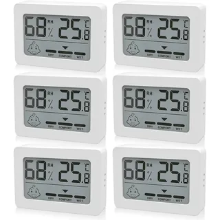 Digital Thermometer Hygrometer Innen - 6er Mini Luftfeuchtigkeitsmesser Raumthermometer Innen mit Smiley-Indikator, Temperatur und Zimmerthermometer für Babyraum Wohnzimmer Raum Büro, Weiß