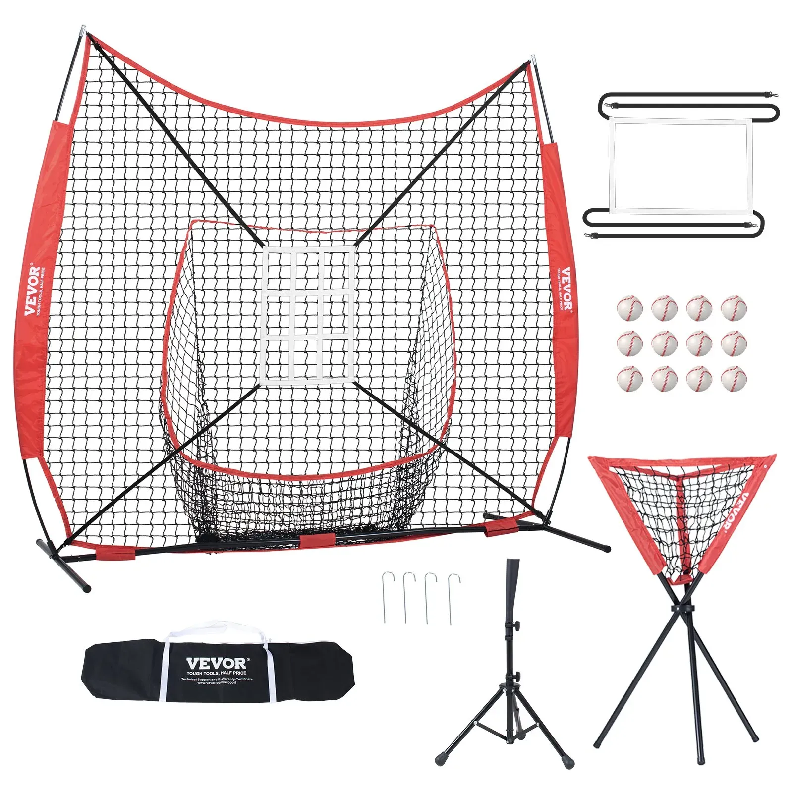 VEVOR 244 x 106 x 211 cm Baseball-Softball-Übungsnetz, Tragbares Baseball-Trainingsnetz zum Schlagen, Fangen, Pitchen, Backstop-Ausrüstung mit Bogenrahmen, Tragetasche, Schlagzone, Bällen, Ballsammler