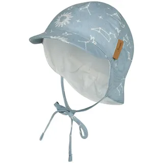 Sterntaler Schirmmütze Nackenschutz Sternbild – Leichte Kindermütze aus Baumwolle mit Sternenbildern, Gummi, Ohrenklappen, Bindebänder und Innenfutter, UV-Schutz 50+ – Graublau, Größe 41 - 41