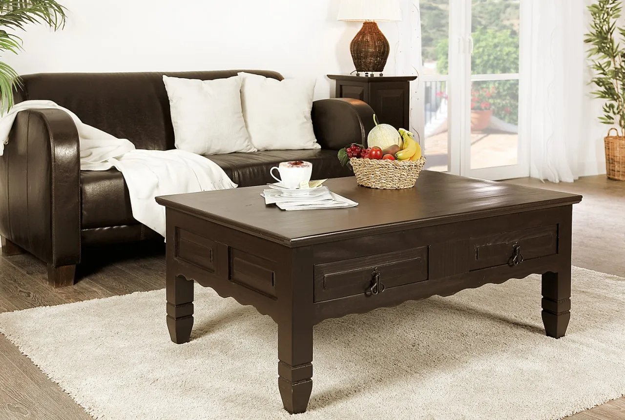 Großer Kolonialstil Couchtisch MEXICO, Massivholz-Möbel aus Mexiko, schwarz-braun lackiert