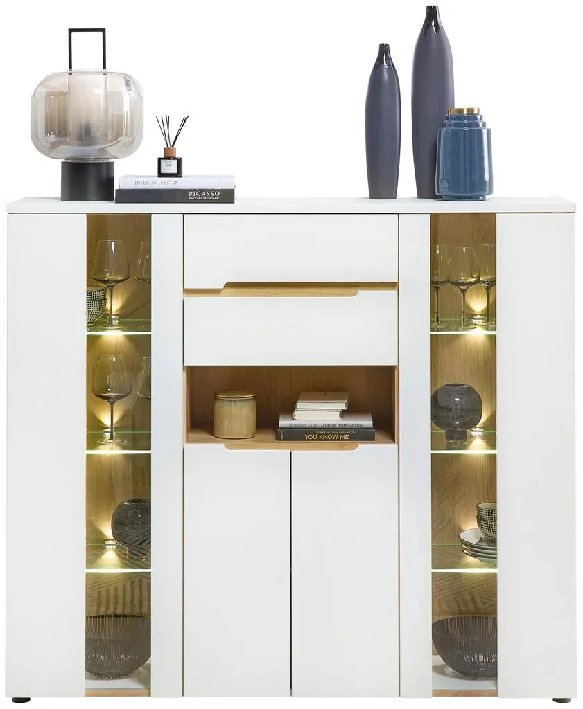 Highboard MEMPHIS Weiß mit Artisan Eiche Nachbildung und LED