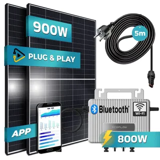 SUNNIVA® 900W Balkonkraftwerk 800W komplett Steckdose - Ecoflow Stream 800W Wechselrichter - PV Solaranlage - 2x 450W (900W) Solarmodule - 5m Kabel - WIFI