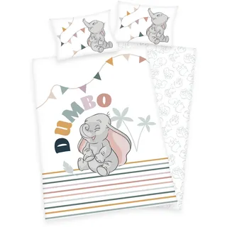 Arle-Living 3 TLG. Baby Bettwäsche Wende Motiv: Dumbo - 100x135 cm + 40x60 cm + 1 Spannbettlaken in weiß 70x140 cm (Dumbo, Flanell)