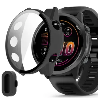 Blueshaweu Schutzhülle + Staubstecker kompatibel für Garmin Forerunner 570 Smartwatch, Hard PC hülle mit Glas Displayschutz kompatibel mit Garmin Forerunner 570 42mm / 47mm (schwarz, 47mm)