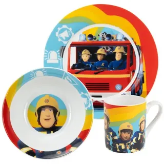 UNITED LABELS Feuerwehrmann Sam 3-teiliges Geschirrset für Kinder, Frühstücksset aus Porzellan mit Teller Ø 19 cm, Tasse 220 ml und Schale 330 ml, Kindergeschirr