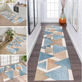 Teppich Läufer Flur Küche rutschfest waschbar Teppichläufer Lang 50X200CM Hellblau Beige Modern Design Meterware Korridor Tepiche Esszimmer Schlafzimmer Wohnzimmer Schmutzfangmatte Küchenteppich