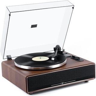 1 by ONE Plattenspieler mit Integrierten Lautsprechern Bluetooth 33/45 U/min Riemenantrieb MM Vinyl Record Player mit Auto-Stopp Funktion Phono-Vorverstärker