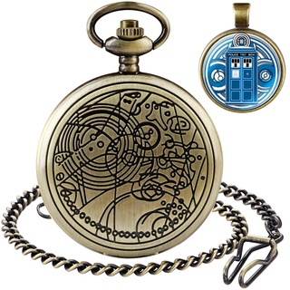 Tiong Doctor Who Taschenuhr mit Bronze Gehäuse Quarz Voll Hunter weißes Zifferblatt und Kette Herren Retro Dr Who Halskette Anhänger