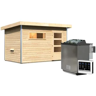 Saunahaus Skrollan 1 mit Vorraum-9 kW Bio-Kombiofen inkl. Steuergerät-Moderne Saunatür (Klarglas) inkl. gratis Saunaofen im Wert von 599,99 € - 50% Rabatt auf Dacheindeckung