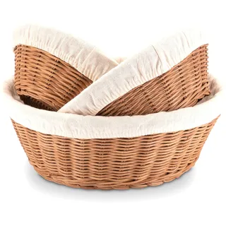 Decorasian Brotkorb geflochten aus Rattan - Brotkörbchen rund im 3er Set mit Leinentuch - Runde Brötchenkörbe klein und groß