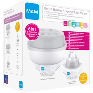 MAM 6-in-1 Sterilisator, Express Babyflaschenwärmer und -wärmer inkl. Flasche, Schnuller und Zange