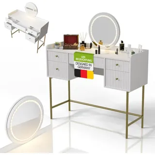 Juskys Schminktisch Samira mit Touch-LED-Spiegel & viel Stauraum, 5 Schubladen – Weiß/Gold