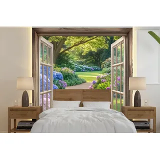 MuchoWow Fototapete Aussicht - Garten - Fenster - Hortensie - Blumen, Matt, bedruckt, Vliestapete für Wohnzimmer Schlafzimmer Küche, Fototapete, 220x220 cm 2.2 m x 2 m