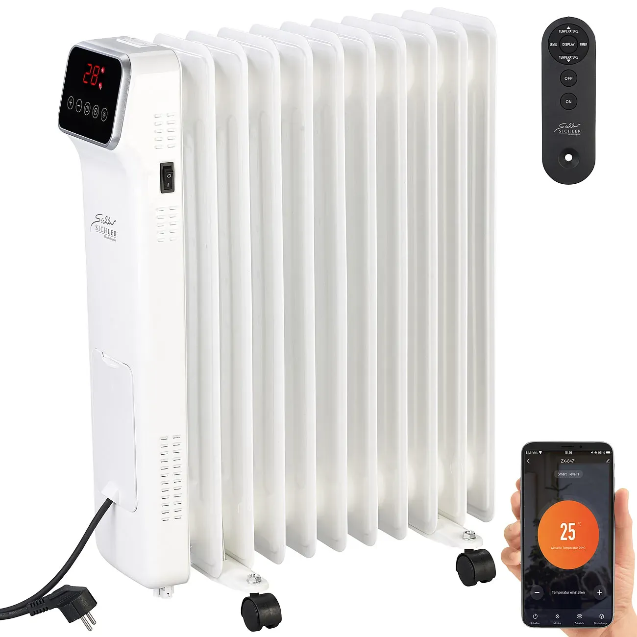 WLAN-Ölradiator mit App und Fernbedienung, Timer, 11 Rippen, 2.500 W