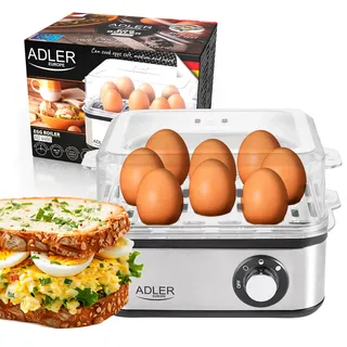 Adler AD 4486 Eierkocher 8 Eier – Weich, Mittel, Hart, gleichzeitiges Kochen, Messbecher mit Einstichnadel, Abschaltautomatik mit akustischem Signal, Pochiereinsatz, 500W