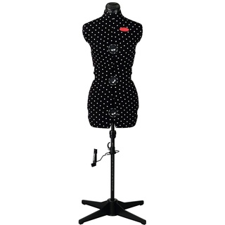 PRYM 611753 Schneiderpuppe „Prymadonna Polka Dots“ in schwarz-weißem Pünktchen-Design, dreh- und höhenverstellbar, Größe M (42-48), inkl. Rockabrunder mit Stecknadelfixierung, integriertes Nadelkissen