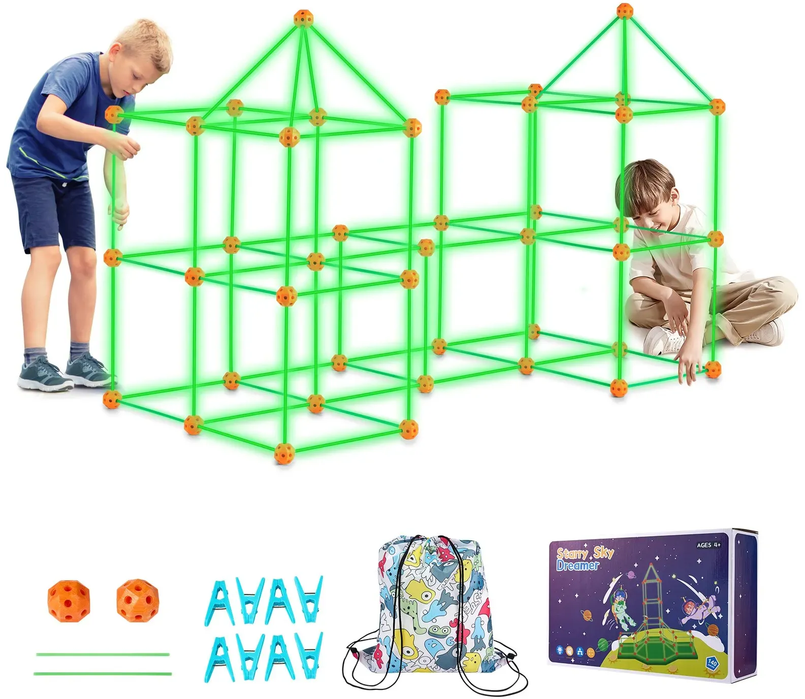 VEVOR Festungsbausatz für Kinder, 140-teiliges im Dunkeln leuchtendes STEM-Bauspielzeug, pädagogisches Geschenk für 4 5 6 7 8+ Jahre alte Jungen und Mädchen, Spielzelt für drinnen und draußen, Konstruktionsspielzeug mit 96 Stäben und 44 Bällen