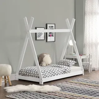 STADO | Kinderbett | Kiefernholz | Weiß | 70x140cm | Tipi | Indianer | Lattenrost | Holzbett | Spielbett | Bett | Kinderhaus | Hausbett | Kinder - Weiß