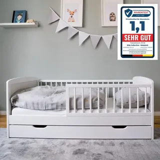 Kids Collective Kinderbett 70x140 cm mit Lattenrost, und Raufallschutz Vollholz in weiß - 70 x 140 perfekte Größe nach Gitterbett Babybett - Weiß