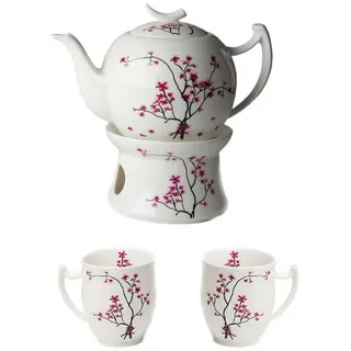 Dekomiro Teeservice TeaLogic Cherry Blossom 1 Tekanne 2L / 2 Bechern / Stövchen (5-tlg), 2 Personen, Fine Bone China Porzellan, Teesevice mit Teekanne 2 Liter Inhalt Stövchen und 2 Teebecher