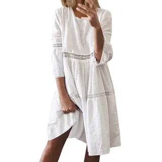 ORANDESIGNE Sommerkleid Damen Boho Kleider Casual A-Linie Rundhals 3/4-Arm T-Shirt Kleider Elegant Knielang Blumen Strand Kleider Lose Tunika Weiß S - S