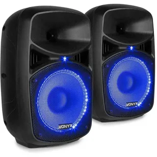 Vonyx VPS082A, PA Lautsprecher Set mit LEDs, 400 Watt, 8 Zoll, Aktiv Party Lautsprecher Bluetooth, USB, SD, MP3, Karaoke Mikrofon, PA Anlage Komplettset, DJ Boxen mit Fernbedienung, Schwarz