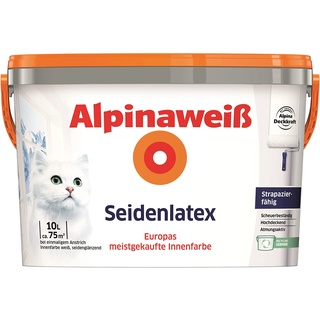 Alpina Alpinaweiß Seidenlatex in weißer Seidenglanz-Optik – strapazierfähige und atmungsaktive Wandfarbe – ergiebig, gut deckend & reinigungsfähig – 10 Liter