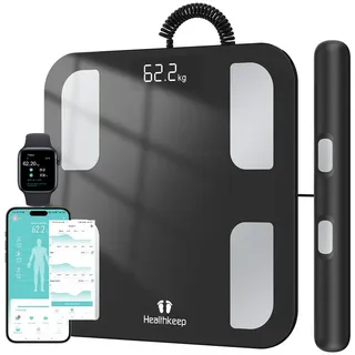Healthkeep Personenwaage mit 8 Elektrodenmit App Intelligent für 18 analysierte Körperdaten, großem LED-Display, Für Android und iOS Apps. Max. 180kg/400lb/28st) 30 x 30 cm schwarz