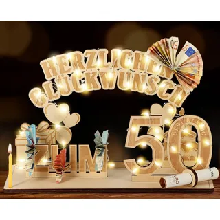 Giftota Original 50. Geburtstag Geldgeschenke Holz mit LED Lichterkette, Geschenke zum 50 Geburtstag Mann Frau, 50. Geburtstagsgeschenk Dekoration