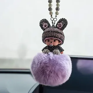 Auto Rückspiegel Ornament,Bling Strass Rückspiegel Anhänger Süße Puppe Plüsch Ball Auto Hängende Anhänger Niedlich Auto Spiegel Anhänger Auto Innen Dekoration Geschenke für Frauen Männer-Lila