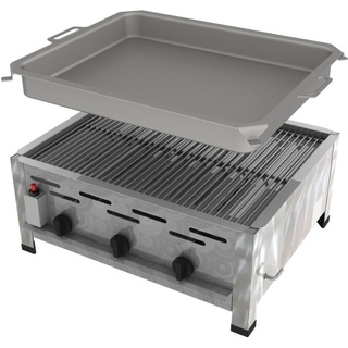 ChattenGlut Professional Gastrobräter 3-flammig Tischgerät 10,8 kW mit Gewerberegler und SBS 650x530x270mm mit Rost und Pfanne