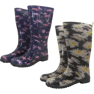 WKTEX Damen Regenstiefel Gummistiefel Damenstiefel Stiefel Stiefeletten Blumen, Farbe:Schwarz, Größe:36 - 36