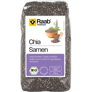 Raab Vitalfood Bio Chia-Samen, Premium Qualität, laborgeprüft, vegan, reich an Ballaststoffen, enthält natürlicherweise Calcium, B-Vitamine, ungesättigte Fettsäuren, quellfähig, 1er Pack (500 g)
