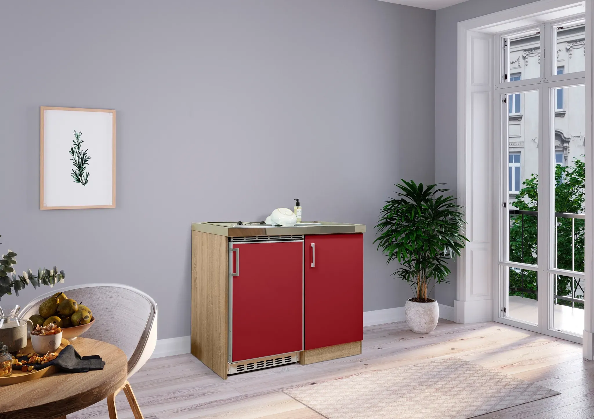 Küche Miniküche Singleküche Küchenzeile Pantry Eiche  Rot Levin 100 cm Respekta