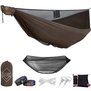 onewind 11Ft Camping Hängematte mit Moskitonetz Portable leichte Doppelhängematte Stitch-Free Durable Nylon Ripstop mit Bugnet Ridgeline 2 * 12Ft Baum Riemen für Camping Wandern Backpacking Brown