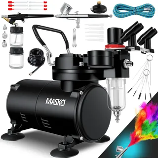 Masko MASKO® Airbrush-Set mit Kompressor 4 bar inkl. Airbrush-Pistolen Lackierpistole Komplett-Set Tattoo Kunst Malerei Nadeln & Düsen im Zubehör Multifunktions Dual-Set mit Manomter & Luftfilter